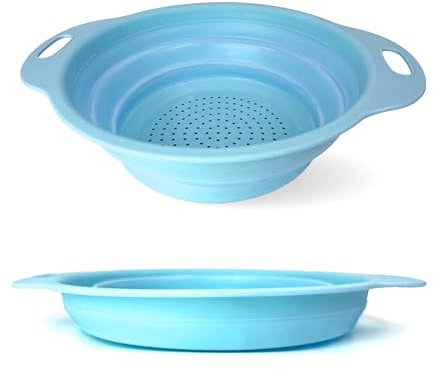 Lizzy Pastel Collapsible Colander | Drain Basket Silicone Strainer Collapsing Food Sieve Foldable Draining Bowl for Pasta Vegetable Fruit Washer Folding Kitchen (Light Blue)