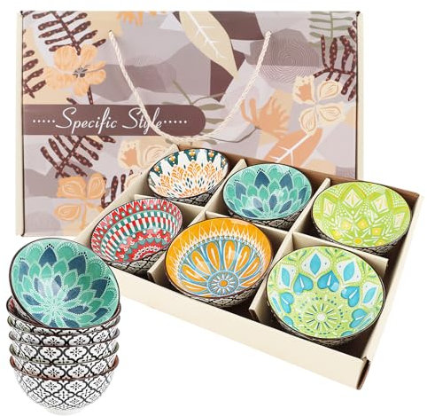 Keramische Servierschalen 6er Set,Kleine Bunt Dipschalen - 300 ml,Ø 12cm,Keramik Dip Schälchen,Bohème-Stil Tapas Schalen Set,Handgefertigte Snackschalen zum Dippen,Suppe,Desserts,Snacks,Früchte,Salate