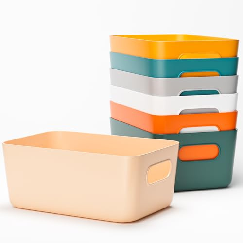 Plastic Storage Baskets with Handle, Coomaster 7 pack Stackable Kitchen Cupboard Organiser Box, Rectangular Storage Boxes for Shelves, Bathroom, Kitchen, Office, School and Toy