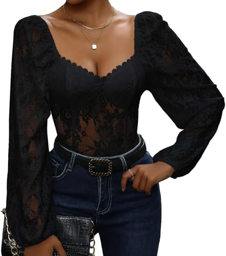 AIEOE Body en dentelle pour femme avec col carré et manches ballon, élégant, à manches longues, avec bonnet à armatures, sexy, transparent, pour fête, clubwear, noir, blanc, taille S à XL, Noir , S
