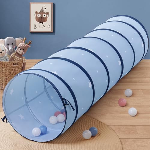 GeerWest Pop Up Play Tunnel for Kids: Peach Skin Fabric Foldable Crawling Baby Tunnel Tent with Storage Bag - Indoor Outdoor Toddlers Toys Christmas Birthday Gift for Boys Girls 175×46cm(Blue Star)