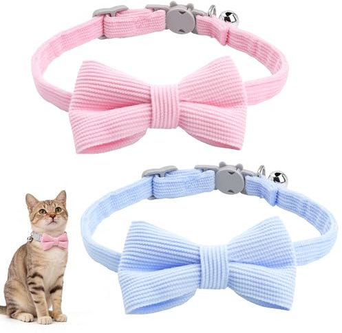 2 Pcs Collar para Gato, Collares para Gatos de Liberación Rápida, Collar Gatos de Seguridad con Cascabel, Collares Ajustables de Pana con Lazo y Cascabel (Rosa, Azul)
