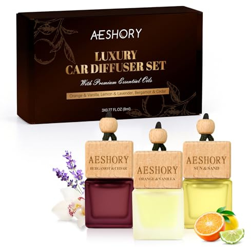 AESHORY Citrus Hängande Luftfräschare för Bil 3 x 8ML, Bil Hängande Eterisk Olja Diffusorer, Parfymflaska för Aromaterapi i Bilen - Apelsin & Vanilj, Citron & Lavendel, Bergamott & Cederträ