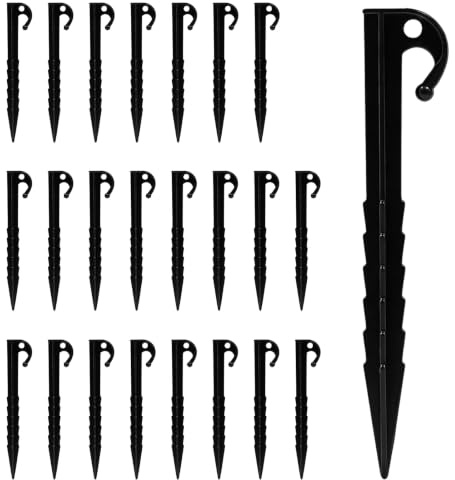AMJKEJI 24 estacas de plástico resistentes para tienda de campaña con diseño en espiral para fijar tiendas de campaña, toldos, lonas, alfombrillas de jardín, caravanas, color negro