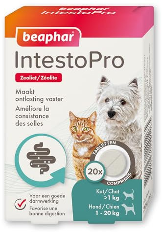 BEAPHAR – IntestoPro – Comprimés pour améliorer la consistance des selles – Favorise la Digestion – Ingrédient Actif d'origine Naturelle - pour Chats et Petits Chiens (1 – 15 kg) - 20 comprimés