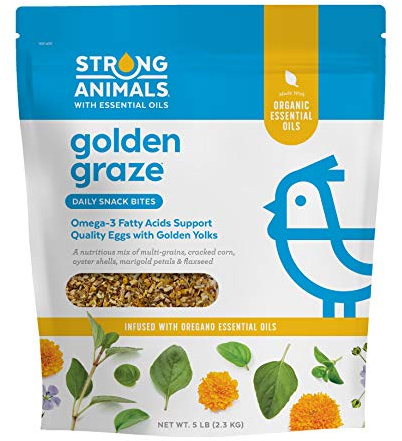 Strong Animals Golden Graze - Daily Snack for Chickens containing Oregano Essential Oil, Multi-Grains, Cracked Corn, Oyster Shells, Marigold Petals and Flaxseed (5 lbs)