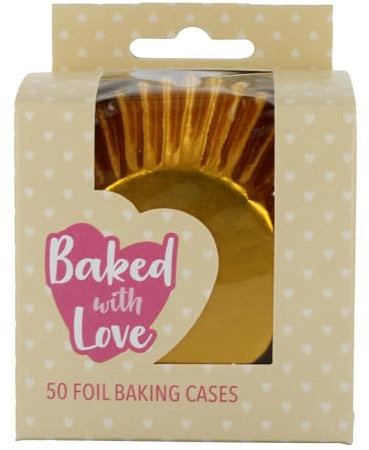 Baked with Love Gold Foil Baking Cases, Foil Baking Cups, Greaseproof Cupcake Cases, Gold - Pack of 50