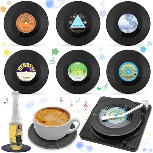 Liekadijiae 6pezzi Sottobicchieri In Silicone,Sottobicchieri Retrò In Vinile Con Supporto,a Forma Di Dischi In Vinile,Per Caffè Tè Boccale Di Birra Vino In Vetro Casa e Bar