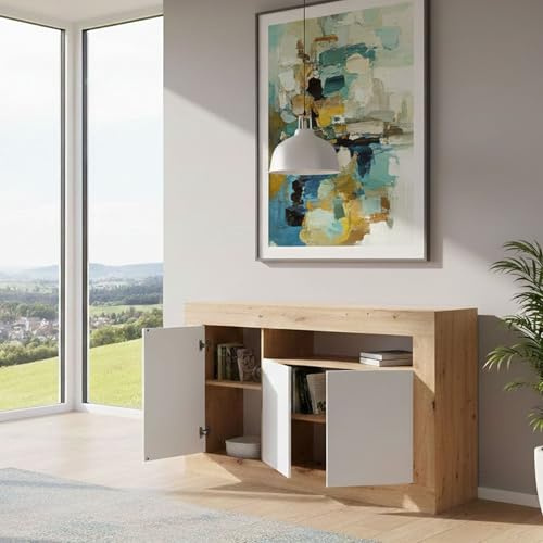 Dmora - Buffet Thornton, Armoire de salon avec compartiments, Meuble TV moderne, Buffet de salon 3 portes, 144x42h87 cm, Chêne noué et Blanc