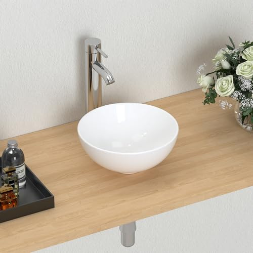 J-FAMILY 11'' Small Vessel Sink Bowl Bathroom Above Counter Vanity Sink Round White Ceramic Small Lavatory Wash Hand Basin