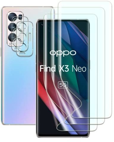 FWang Protector de Pantalla Compatible con OPPO Find X3 Neo,Soporte Huella Dactilar,Resistente a Arañazos,Libre de Burbujas,HD,3 Películas de TPU y 2 Cámaras de Vidrio Templado