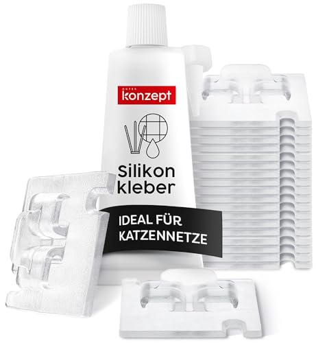 Konzept 11 70 Stück Klebehaken zur Befestigung für Katzennetz am Balkon, mit Montagekleber 80ml, extra stark – transparent, klein, Haken ohne Bohren, wetterfest, outdoor geeignet