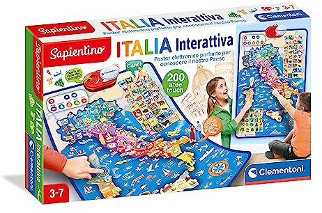 Clementoni Sapientino - Italia Interattiva, Gioco Educativo Bambini 3-7 Anni, Mappa Parlante, Poster Elettronico per Imparare la Geografia, 5 modalità di Gioco, 200 Touchpoint, Lingua Italiana, 16445