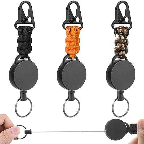VicloonLlavero Retráctil con clip, 3Pcs Mosquetón de Carrete, Retráctil Resistente con Paracord, Extensible Cable Acero para Soporte de Tarjeta ID, Llave