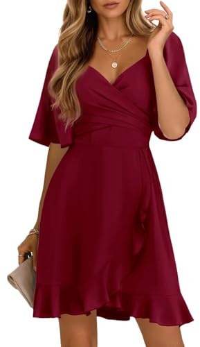 Dokotoo Women's Wrap V Neck Short Sleeve Smocked Elastic Waist Tiered Belted Ruffle Hem Mini Dress Holiday Dresses for Women Ruby L