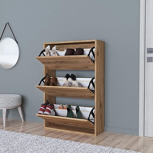 En.casa] Skoskåp Aurskog skoförvaring för 18 par skobyrå med 3 tippdörrar för entré, hall 110 x 73,5 x 24 cm ek