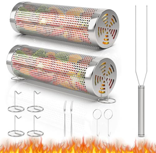 iHomara 2PCS Rolling Grill Baskets, Portable Grilling Cage with Fork, Cooking bbq accessories for Outdoor Grilling, For Meat Fish Vegetables, Stainless Steel, Basket for Bbq Enthusiast