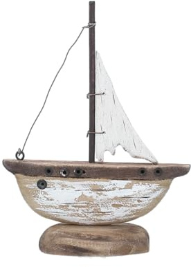Gisela Graham Rustic White Wood Sail Boat Ornament - Small, 30431