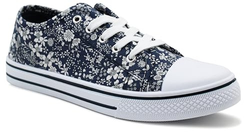 DEK Womens Ladies Canvas Lace Up Denim Floral Baseball Sneakers Casual Flat Plimsoll Trainers Fashion Pumps (Navy Floral, UK Footwear Size System, Adult, Women, Numeric, Medium, 5)