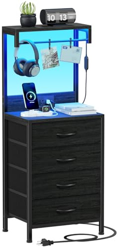 Furnulem Tall Nightstand with Charging Station, Night Stands with LED Lights and Storage Shelves, Bed Side Table for Bedroom, Hallway, Office, 4 Fabric Drawers (Black Oak)
