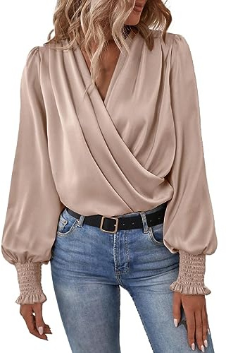 Womens Satin Silk Blouses Elegant Casual Long Sleeve Sexy Deep V Neck Evening Party Wrap Tops Flattering Blouses Boho Shirts for Women 2024 Beige