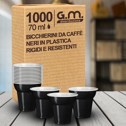 G.M. DISTRIBUZIONE 1000 Pezzi Bicchieri da Caffè in Plastica di Colore Nero da 70cc, Super Rigidi e Resistenti al Calore, Usa e Getta, Ideale per Casa, Ufficio, Asporto Bevande Calde.