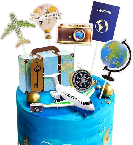Rismise Reise-Thema Kuchen Toppers Reise Kuchen Dekoration Abenteuer Reise Kuchen Cupcake Toppers Flugzeug Karte Kamera Herz Mini Koffer Kuchen Dekorationen für Abenteuer erwartet Reisen Themed Party
