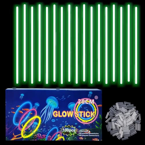 Braccialetti Luminosi Fluorescenti Verde 100 Pezzi, Colorati Bastoni Bulk con 100 Connettori, Glow Sticks Bambini Adulti per Compleanno, Feste, Carnevale, Capodanno, Pasqua, Halloween