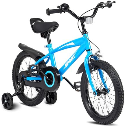 Kinderfahrrad 14 Zoll, Fahrrad für Jungen und Mädchen mit Stützrädern, stabilem Rahmen, verstellbarem Sitz, Rücktritt- und Handbremse, geeignet für Fahrer von 94 bis 107 cm (Blau)