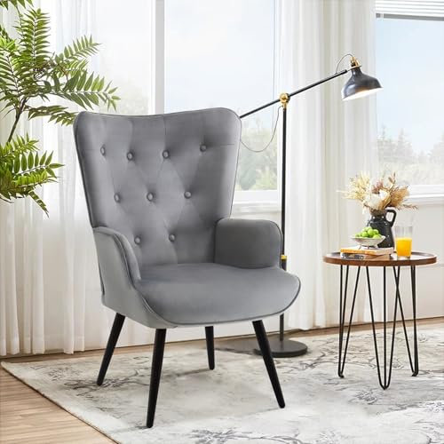 Ckaff Ohrensessel Sessel Wohnzimmer, Skandinavischer Stil Relaxsessel aus Samt mit Hoher Rückenlehne Loungesessel Polstersessel fürs Wohnzimmer Schlafzimmer Arbeitszimmer Gästezimmer, Grau