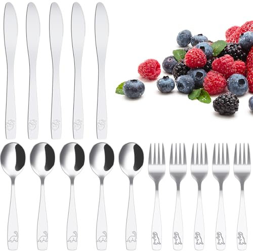 15 Stück Kinderbesteck Edelstahl, Kinder Besteck Set mit Dinosaurier Gravur 5x Babylöffel Babygabel Babymesser Spülmaschinenfest Polieren Gegen für Kinder Über 2 Jahre