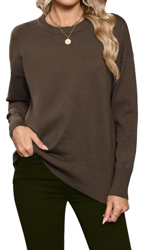 Hotouch Maglione da Donna Marrone Caldo Morbido Girocollo Maniche Lunghe Maglione Autunno Inverno Pullover Maglia Fine Marrone S