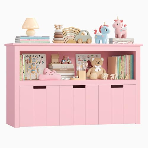 FOREHILL Kids Toy Storage Cabinet with Rolling Wheels 3 Drawers Children's Bookcase Storage Unit Pink for Living Room 102x33x61.5cm