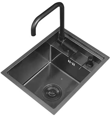 Lavello da cucina nero a vasca singola salvaspazio con rubinetto di sollevamento, uso commerciale e domestico, piccolo design incorporato, rondella per tazza in acciaio inox inclusa