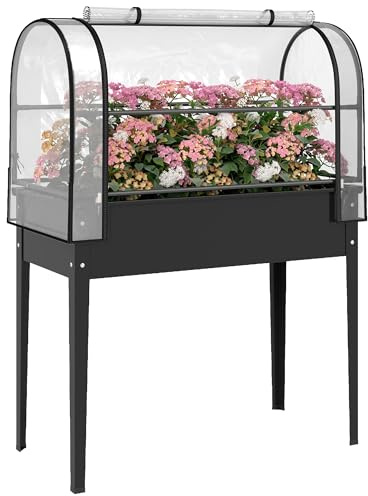 Outsunny Letto per Orto Rialzato con Serra Copertura Protezione, Fioriera da Esterno Rialzata in Metallo con Foro di Drenaggio, per Piante, Fiori, Verdure, Giardino Terrazza Balcone, Nero
