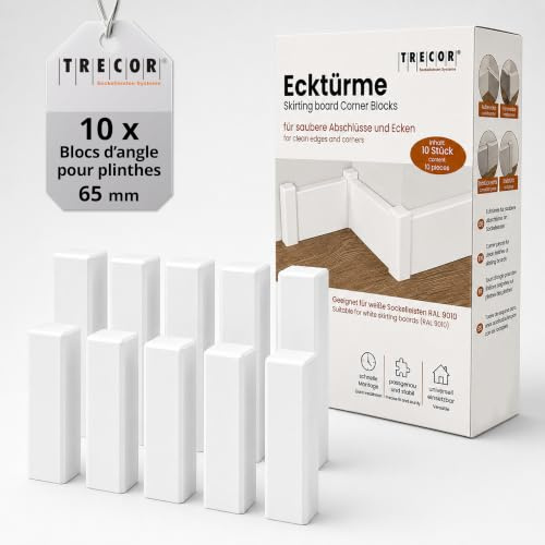 Hörnstänger, hörntorn, inre hörn av trä (lackerade) för vita golvlister, innehåll: 10 stycken (65 x 21 x 21 mm (E3), vit)