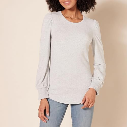 Amazon Essentials Women's Long-Sleeve Crewneck Smocked Cuff T-Shirt, Grey Heather, L
