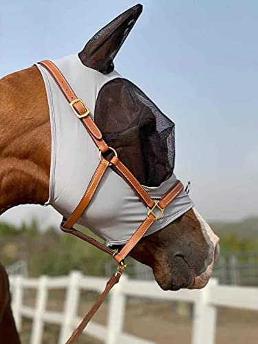 TGW RIDING Horse Fly Mask Super Comfort Horse Fly Mask Elasticity Fly Mask with Ears(L, Light Gray)