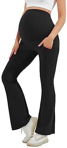 HEGALY Leggings Acampanados de Maternidad para Mujer sobre el Vientre, Pantalones Casuales de Yoga para Embarazo con Bolsillos, Suaves como la Mantequilla, Negro -, Large