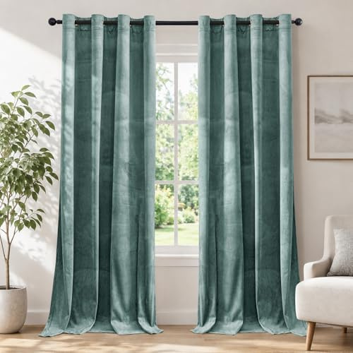 Ystyle Samt Vorhang Blickdicht 2er Set, H225 x B140 cm, Hellgrün | Wasserabweisend Gardinen Wohnzimmer Modern, Thermovorhang Hitzeschutz Kälteschutz, Verdunklungsvorhänge per Soggiorno