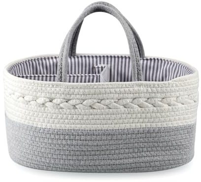 PandaEar Baby Nappy Caddy Organiser - 15x9x7 Large Cotton Rope Diaper Basket with Handles | Portable Changing Station for Nursery & Travel | Newborn Shower Gift Hamper (Grey & White)