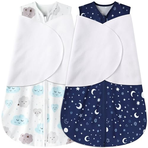BSTOPPT Newborn Sleep Sack Baby Swaddle,3-6 Months,3-Way Adjustable Wearable Blanket,100% Rayon Cotton Swaddling sleeping bag,TOG 0.5(Clouds&Starry Sky)