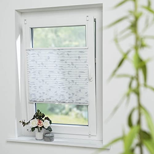 Bedrucktes Klemmfix-Plissee mit Blättermotiv, Lichtschutz, Sichtschutz, verspannt, ohne Bohren oder Schrauben, Breite: 40 cm/Länge: 130 cm