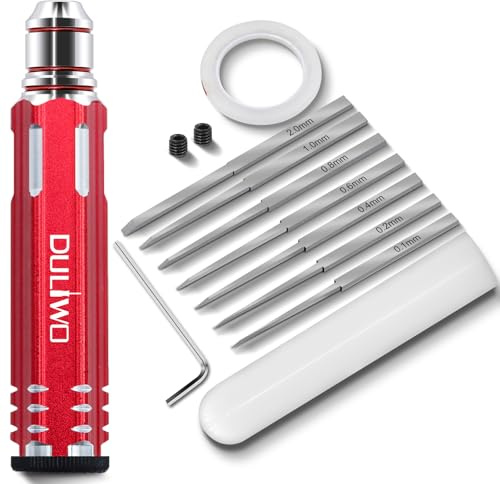 DULIWO Prime Model Scriber Gundam Resin Carved Scribe Line Hobby Cutting Tool Chisel, 7 Model Chisel Blades (0.1/0.2/0.4/0.6/0.8/1.0/2.0mm) with Rubber Cap + Carving Masking Tape 3mmx20m (Red)