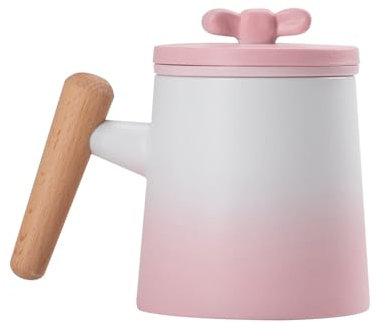 fanquare Tazas de Té de Porcelana Taza de Té Gradiente Blanco y Rosa con Tapa Infusor Asa de Madera Taza de Té para Casa Oficina 360ML