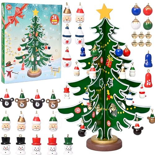 Antsparty Christmas Advent Calendar 2025, 24 Days Countdown Tabletop Wooden Christmas Tree and Ornaments, Advent Calendar MIni Xmas Tree Desk Decoration for Kids Adults Teens Party Favors