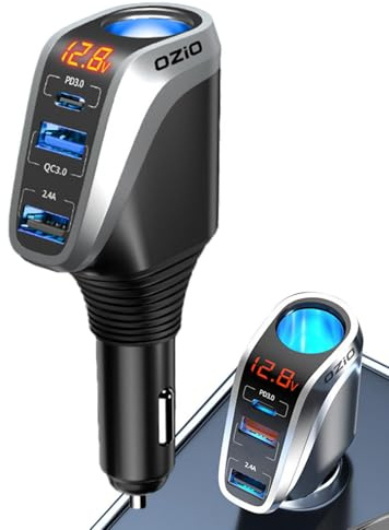 Tuxuseo 4-i-1 tändare adapter – 188 W laddkontakt snabbladdare med 3 USB-portar, 12 V/24 V grenuttag och USB-laddare, billaddare med LED-spänningsdisplay