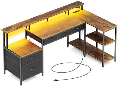 Rolanstar Schreibtisch L Form mit Schubladen, reversibler Gaming Tisch mit Steckdose, LED & Monitorständer 163 cm Computertisch für Büro Arbeitszimmer Schlafzimmer, vintagebraun