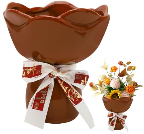 Färgglad blombukett vas – blomvas av keramik – dekorativa band – 15 cm – modern vardagsrumsdekoration – ovanlig vasdekoration – bordsdekoration – tulpanvas, keramik, brun