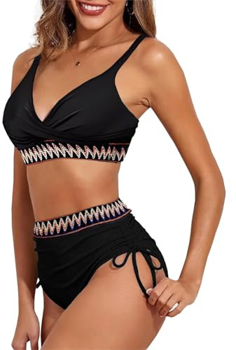 High Waisted Bikini Sets for Women, 2PCS V Neck Tummy Control Ruched Drawstring Swimwear for Ladies Beach Pool Bathing Suit